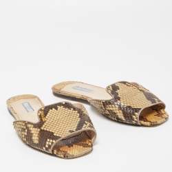 Pre Owned Prada Yellow/Brown Python Flat Slides Size 38.5