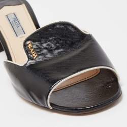 Prada Black Saffiano Vernice Leather Slide Sandals Size 39
