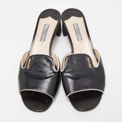 Prada Black Saffiano Vernice Leather Slide Sandals Size 39