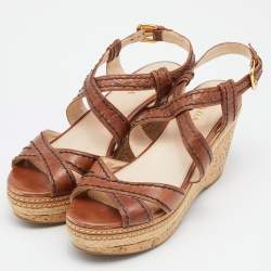 Pre Owned Prada Brown Leather Platform Ankle Strap Sandals Size 40