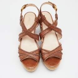 Pre Owned Prada Brown Leather Platform Ankle Strap Sandals Size 40
