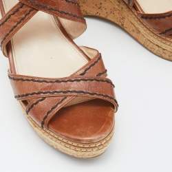 Pre Owned Prada Brown Leather Platform Ankle Strap Sandals Size 40