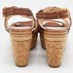 Pre Owned Prada Brown Leather Platform Ankle Strap Sandals Size 40