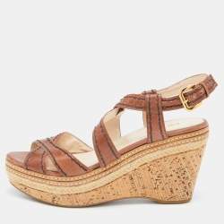 Pre Owned Prada Brown Leather Platform Ankle Strap Sandals Size 40