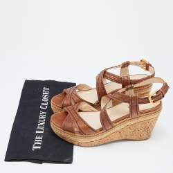Pre Owned Prada Brown Leather Platform Ankle Strap Sandals Size 40