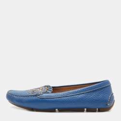 Prada Blue Leather Studded Slip On Loafers Size 36