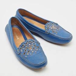 Prada Blue Leather Studded Slip On Loafers Size 36