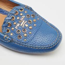 Prada Blue Leather Studded Slip On Loafers Size 36