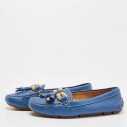 Pre Owned Prada Blue Leather Tassel Slip On Loafers Size 38
