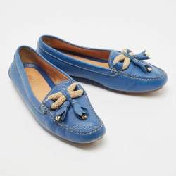 Pre Owned Prada Blue Leather Tassel Slip On Loafers Size 38