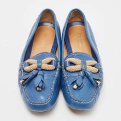 Pre Owned Prada Blue Leather Tassel Slip On Loafers Size 38