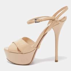 Prada Beige Patent Leather Ankle Strap Platform Sandals Size 36