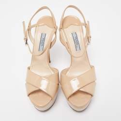 Prada Beige Patent Leather Ankle Strap Platform Sandals Size 36