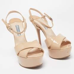 Prada Beige Patent Leather Ankle Strap Platform Sandals Size 36