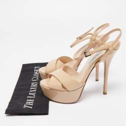 Prada Beige Patent Leather Ankle Strap Platform Sandals Size 36