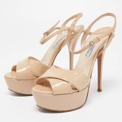 Prada Beige Patent Leather Ankle Strap Platform Sandals Size 36