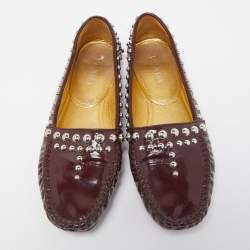 Pre Owned Prada Burgundy Patent Leather Studded Loafers Size 39