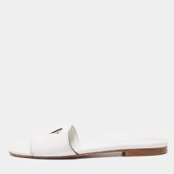 Prada White Leather Logo Cut Out Flat Slides Size 38.5