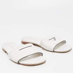 Prada White Leather Logo Cut Out Flat Slides Size 38.5