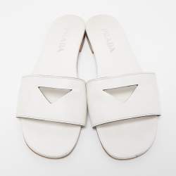 Prada White Leather Logo Cut Out Flat Slides Size 38.5