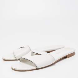 Prada White Leather Logo Cut Out Flat Slides Size 38.5