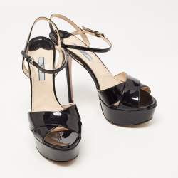 Prada Black Patent Leather Ankle Strap Platform Sandals Size 38