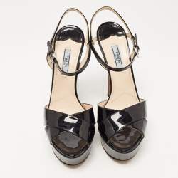 Prada Black Patent Leather Ankle Strap Platform Sandals Size 38