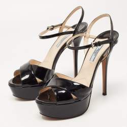 Prada Black Patent Leather Ankle Strap Platform Sandals Size 38