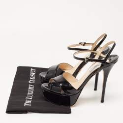 Prada Black Patent Leather Ankle Strap Platform Sandals Size 38