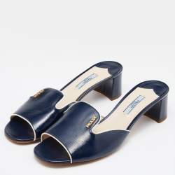 Prada Blue/White Saffiano Patent Leather Block Heel Slides Size 40