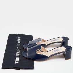 Prada Blue/White Saffiano Patent Leather Block Heel Slides Size 40