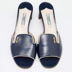 Prada Blue/White Saffiano Patent Leather Block Heel Slides Size 40