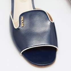 Prada Blue/White Saffiano Patent Leather Block Heel Slides Size 40