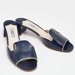 Prada Blue/White Saffiano Patent Leather Block Heel Slides Size 40