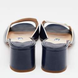 Prada Blue/White Saffiano Patent Leather Block Heel Slides Size 40
