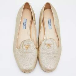 Pre Owned Prada Gold Glitter and Leather Smoking Slippers Size 40