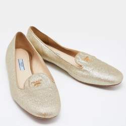 Pre Owned Prada Gold Glitter and Leather Smoking Slippers Size 40