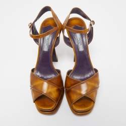 Pre Owned Prada Two Tone Cross Strap Leather Peep Toe Platform Ankle Strap Sandals Size 38.5