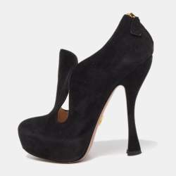 Prada Black Suede Zip detail Cut Out Platform Booties Size 36.5