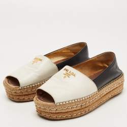 Prada White /Black Leather Peep Toe Espadrille Flats Size 38