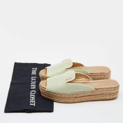 Prada Light Green Saffiano Patent  Leather Platform Espadrille Flats Size 40