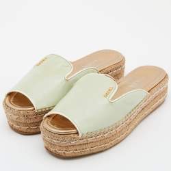 Prada Light Green Saffiano Patent  Leather Platform Espadrille Flats Size 40