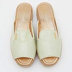 Prada Light Green Saffiano Patent  Leather Platform Espadrille Flats Size 40