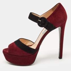 Prada Burgundy/Black Suede Peep Toe Platform Ankle Strap Sandals Size 39