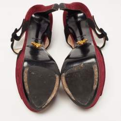 Prada Burgundy/Black Suede Peep Toe Platform Ankle Strap Sandals Size 39
