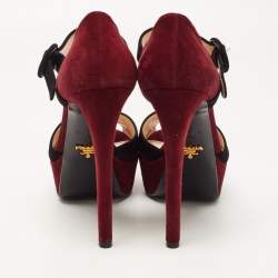 Prada Burgundy/Black Suede Peep Toe Platform Ankle Strap Sandals Size 39