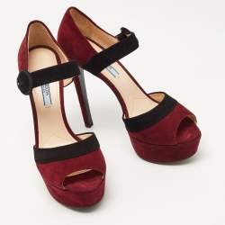 Prada Burgundy/Black Suede Peep Toe Platform Ankle Strap Sandals Size 39