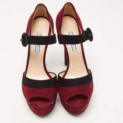 Prada Burgundy/Black Suede Peep Toe Platform Ankle Strap Sandals Size 39