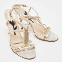 مملوكة مسبقًا Prada Silver/Gold Leather Strappy Sandals Size 39.5