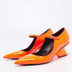 Pre Owned Prada Orange Patent Leather Mary Jane Block Heel Pumps Size 40